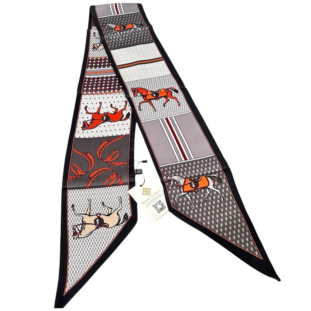 Black and Grey Equestrian Silky Skinny Satin Scarf – Double-Sided - Picture 2 of 8